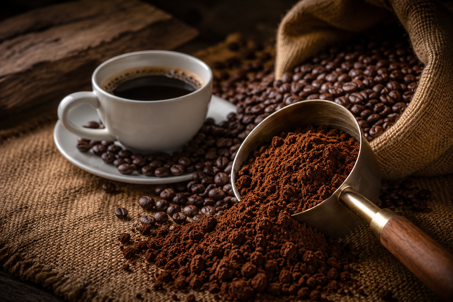 Freshly ground coffee powder with roasted beans and jute sack — TrueBlend Marketing wholesale supply Bangalore